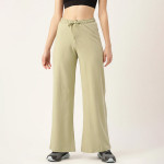 Women Olive Green Solid Cotton Wide Leg Track Pants