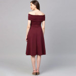 Burgundy Off-Shoulder Pleated Fit & Flare Dress