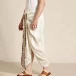 Mens Cream-Coloured Pure Cotton Double Layer Dhoti Gold Zari Border