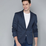 Men Navy Blue Self Design Single-Breasted Blazer