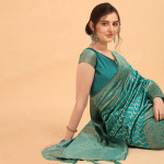 Green & Gold-Toned Silk Blend Fusion Leheriya Saree