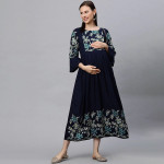 Women Navy Blue Embroidered Maternity Feeding Maxi Nursing Dress